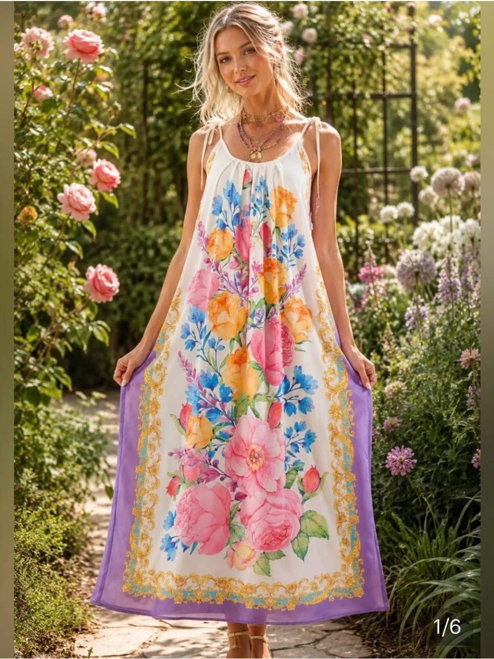 NWT!!💕Aratta Floral White Maxi Dress with Lavender Border